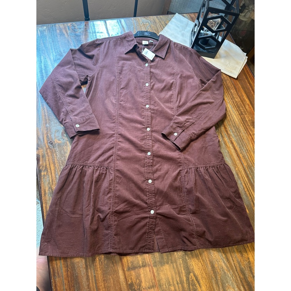 Gap Chocolate Corduroy Button Down Ruffle Hem Mini Shirt Dress Woman's Large NWT